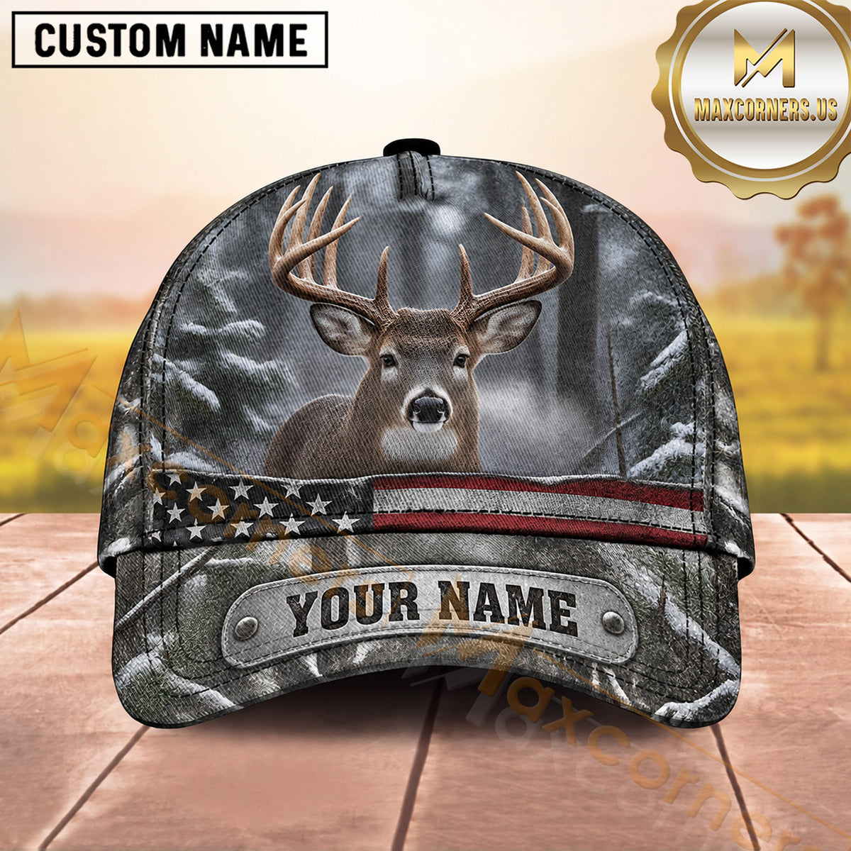 Maxcorners Deer Hunting Buck Portrait American Flag Grunge Design  Personalized Name 3D Cap
