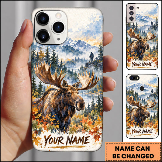 Maxcorners Moose Hunting Winter Watercolor Snowy Forest Personalized Name 3D Phone Case