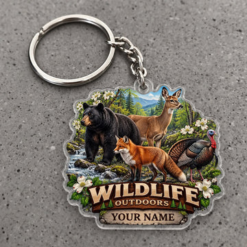 Maxcorners Wildlife Outdoors Bear Deer Fox Turkey Scene Custom Name Trap Hunting Custom Gift 2D Flat Acrylic Ornament, Keychain