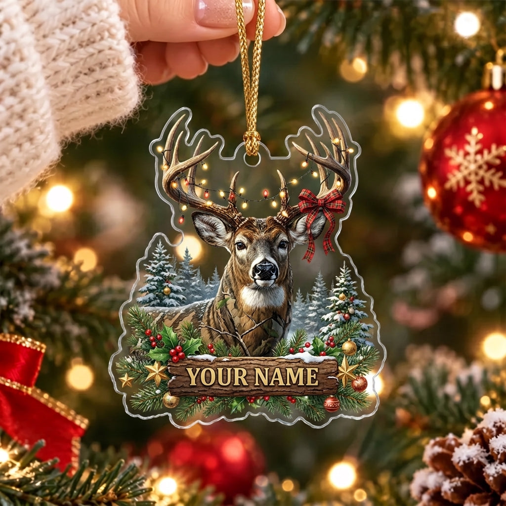 Maxcorners Whitetail Buck Rustic Winter Forest Personalized Name Christmas Ornament