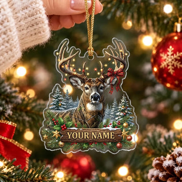 Maxcorners Whitetail Buck Rustic Winter Forest Personalized Name Christmas Ornament