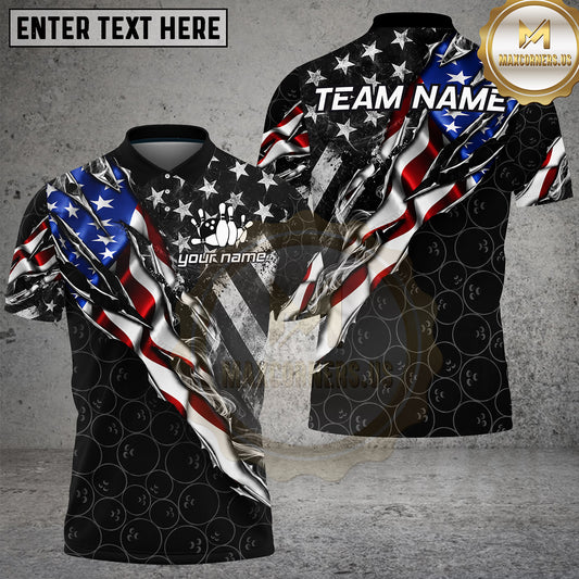Maxcorners Bowling American Flag Torn Metal Pattern Multiple Options Personalized Name, Team Name 3D Shirt