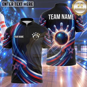 Maxcorners USA Bowling Shirt Abstract Patriotic Ribbon Motion Multiple Options Personalized Name, Team Name 3D Shirt