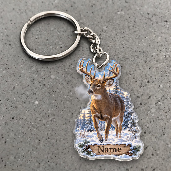 Maxcorners Whitetail Deer Hunting Winter Snow Mountain Buck Custom Name Trap Hunting Custom Gift 2D Flat Acrylic Ornament, Keychain