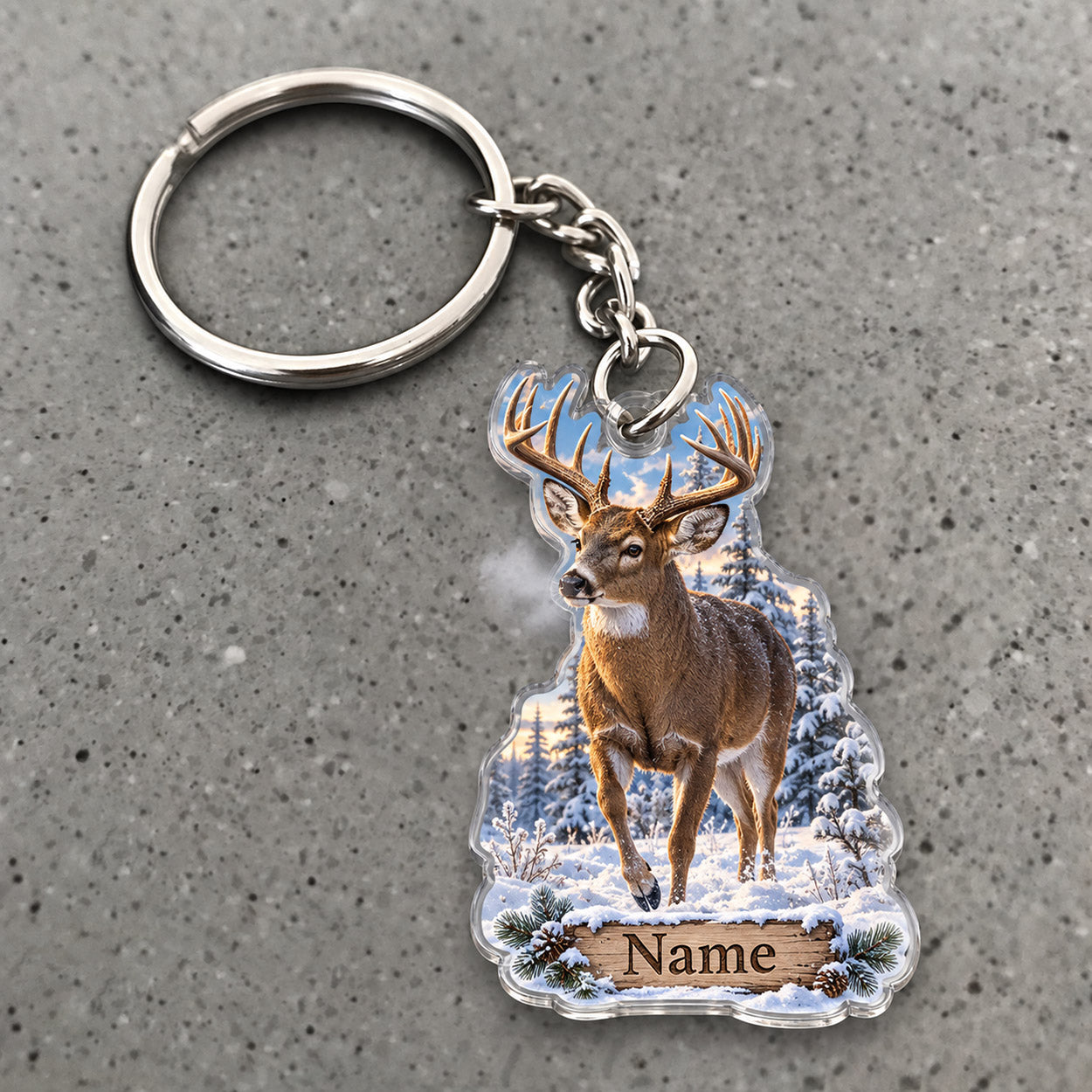 Maxcorners Whitetail Deer Hunting Winter Snow Mountain Buck Custom Name Trap Hunting Custom Gift 2D Flat Acrylic Ornament, Keychain