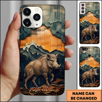Maxcorners Wild Boar Wildlife Layered Wood Carving Mountain Sunset Multiple Options Personalized Name Phone Case