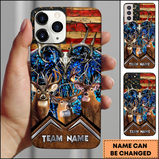 Maxcorners Personalized Deer Hunting Phone Case with Rustic American Flag, Antler Skull, Forest Camo and Custom Team Name (8 Colors)
