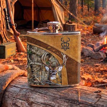 Maxcorners Deer Hunting Rustic Antler Emblem and Camouflage Panel Multiple Options Personalized Name 3D Hip Flask