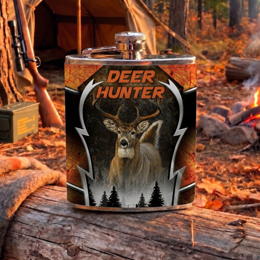 Maxcorners Deer Hunting Vintage Deer Hunter Badge and Forest Scene Multiple Options 3D Hip Flask