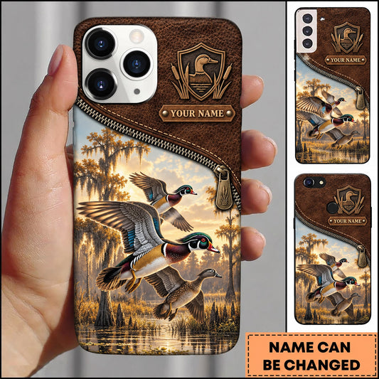 Maxcorners Duck Hunting Leather Flying Mallards Golden Marsh Personalized Name 3D Phone Case