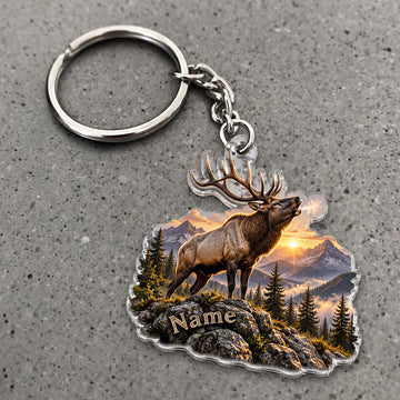 Maxcorners Elk Hunting Mountain Sunset Scene Custom Name Trap Hunting Custom Gift 2D Flat Acrylic Ornament, Keychain