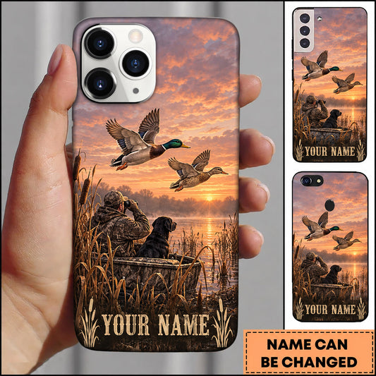 Maxcorners Duck Hunting Black Lab Flying Mallards Sunset Reeds Personalized Name 3D Phone Case