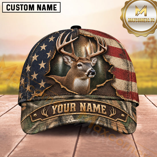 Maxcorners Deer Hunting Whitetail Buck American Flag Camo Design  Personalized Name 3D Cap
