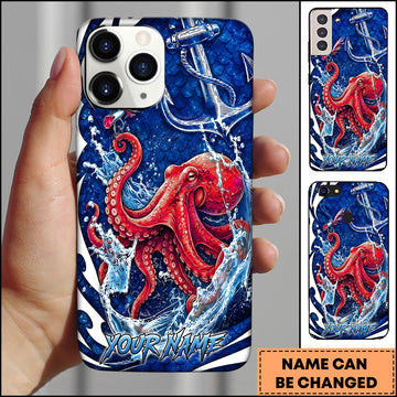 Maxcorners Personalized Red Octopus Phone Case with Ocean Waves, Water Splash, Nautical Anchor, Fishing Lure and Custom Name