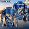 Maxcorners Fishing Shirt Royal Blue Metallic Silver Geometric Pattern Multiple Options Personalized Name, Team Name 3D Long Sleeve Shirt (13 Fish Species)