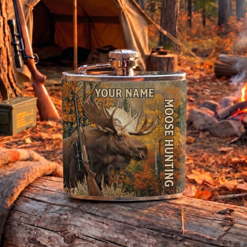 Maxcorners Moose Hunting Bull Moose and Woodland Camouflage Multiple Options Personalized Name 3D Hip Flask