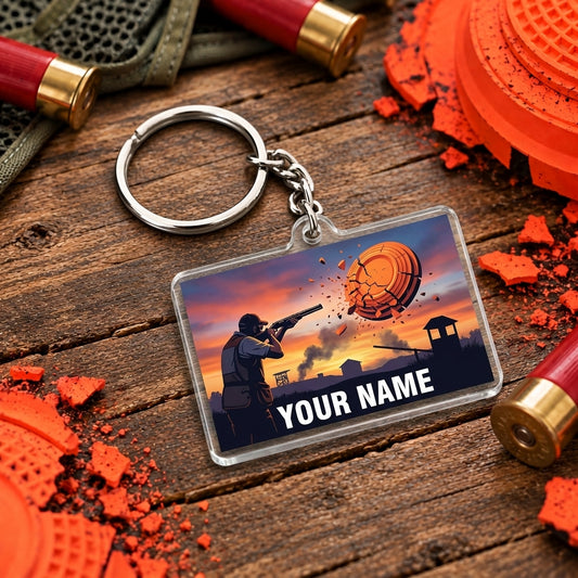 Maxcorners Silver Shotgun Clay Target Badge Trap Shooting Personalized Name Acrylic Keychain
