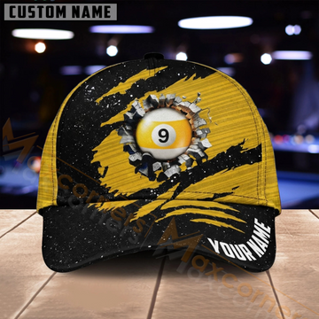 Maxcorners Billiards 9 Ball Yellow Black Grunge Multiple Options Personalized Name 3D Cap