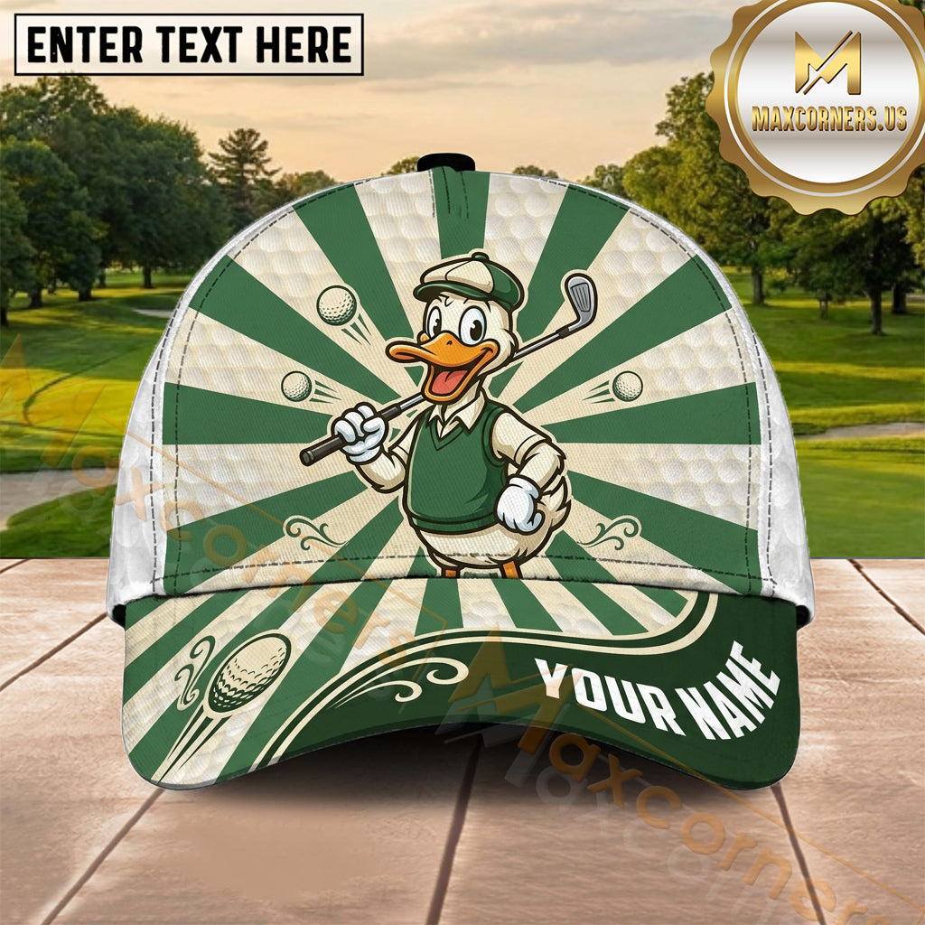 Maxcorners Golf Funny Cartoon Duck Golfer Green Personalized Name 3D Cap