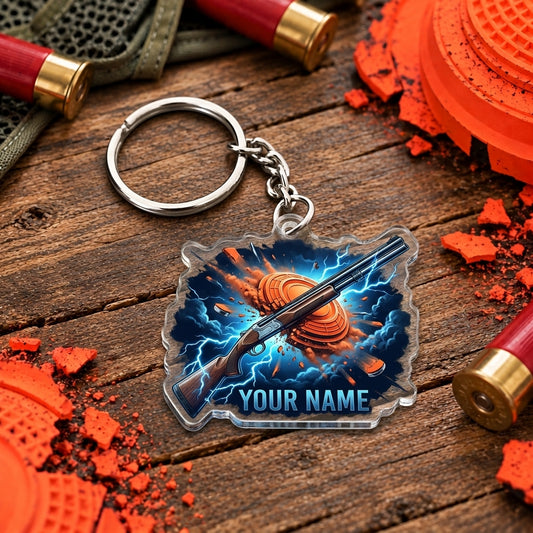 Maxcorners Blue Electric Shotgun Clay Explosion Trap Shooting Personalized Name Acrylic Keychain