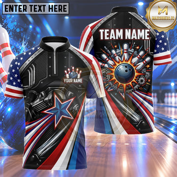 Maxcorners USA UK Bowling Shirt Patriotic Starburst Bowling Pins Multiple Options Personalized Name, Team Name 3D Shirt