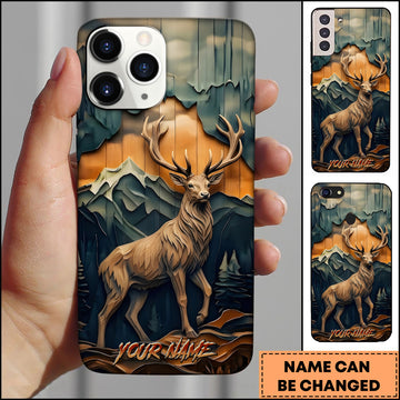 Maxcorners Deer Wildlife Layered Wood Carving Mountain Sunset Multiple Options Personalized Name Phone Case