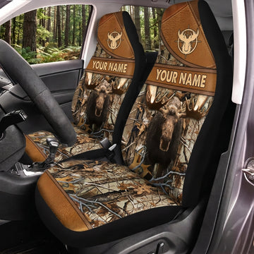 Maxcorners Deer Hunting Brown Leather Buck Emblem Personalized Name Car Seat Covers