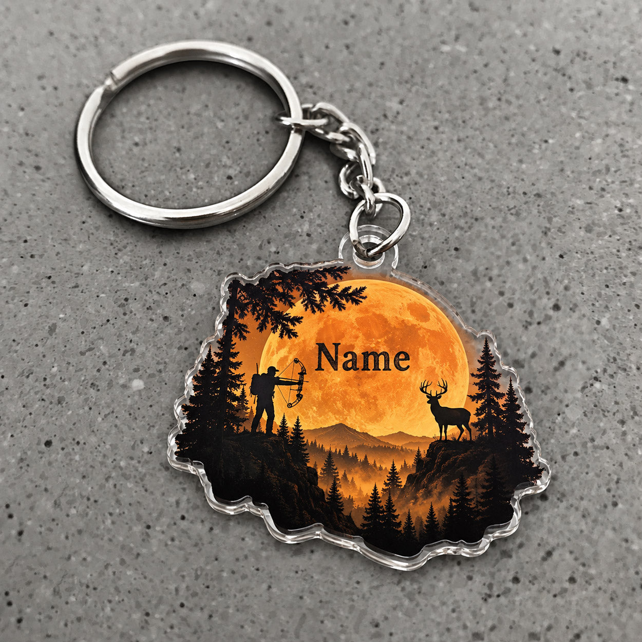 Maxcorners Deer Hunting Sunset Forest Silhouette Custom Name Trap Hunting Custom Gift 2D Flat Acrylic Ornament, Keychain