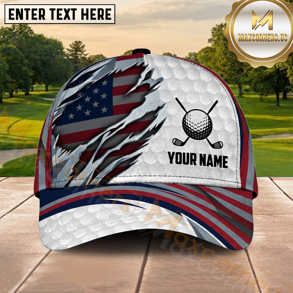 Maxcorners Golf Distressed American Flag Silver Club Personalized Name 3D Cap