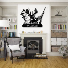 Maxcorners Personalized Deer Hunter Metal Wall Art, Custom Name Bow and Hunting Rifle Sign, Deer Hunting Wall Hanging, Hunter Gift LM0110