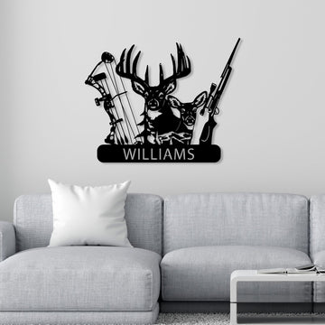Maxcorners Personalized Deer Hunter Metal Wall Art, Custom Name Bow and Hunting Rifle Sign, Deer Hunting Wall Hanging, Hunter Gift LM0110