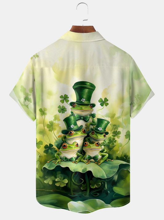 Maxcorners St. Patrick's Day Frog Family Four-Leaf Clover Green Hawaiian Golf Shirt, Tropical Vibe Men's Golf Shirt