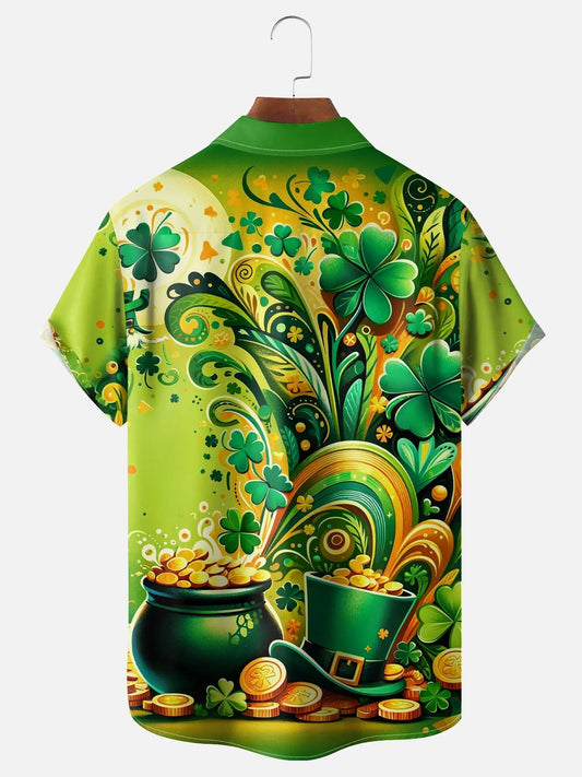 Maxcorners St. Patrick'S Day Pot of Gold Four Leaf Clover Hawaiian Golf Shirt, Tropical Vibe Men's Golf Shirt