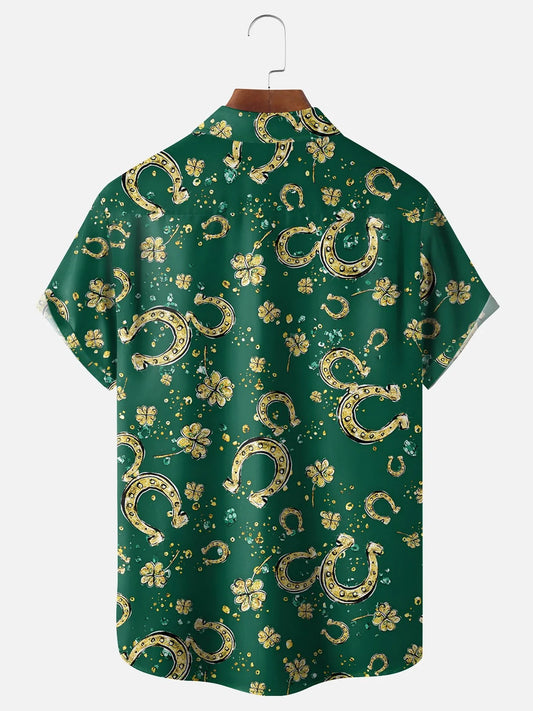 Maxcorners St Patricks Day Horseshoes Clover Hawaiian Golf Shirt, Tropical Vibe Men's Golf Shirt