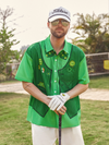Maxcorners Green St. Patrick's Day Lucky Clover Gold Coins Hawaiian Golf Shirt, Tropical Vibe Men's Golf Shirt
