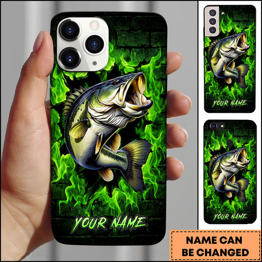 Maxcorners Bass Fishing Phone Case Green Flame Dark Brick Wall Fish Art Design Custom Name Phone Case (12 Fish Species)