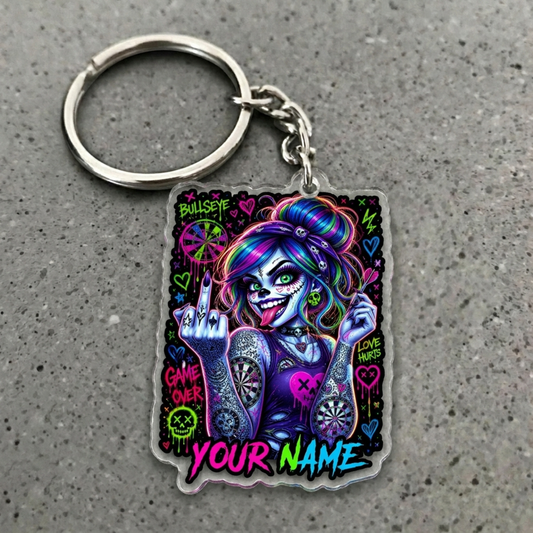 Maxcorners Neon Punk Darts Girl Personalized Name Acrylic Keychain