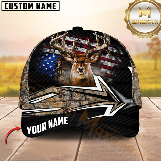 Maxcorners Buck Deer  Hunting USA Flag Rustic Arrow Hunting Camo Custom Name 3D Cap (6 colors)