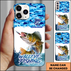 Maxcorners Walleye Fishing Phone Case Jumping Water Splash Blue Scale Pattern Personalized Name Phone Case