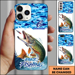 Maxcorners Pike Fishing Phone Case Jumping Water Splash Blue Scale Pattern Personalized Name Phone Case