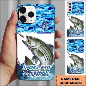 Maxcorners Striped Bass Fishing Phone Case Jumping Water Splash Blue Scale Pattern Personalized Name Phone Case