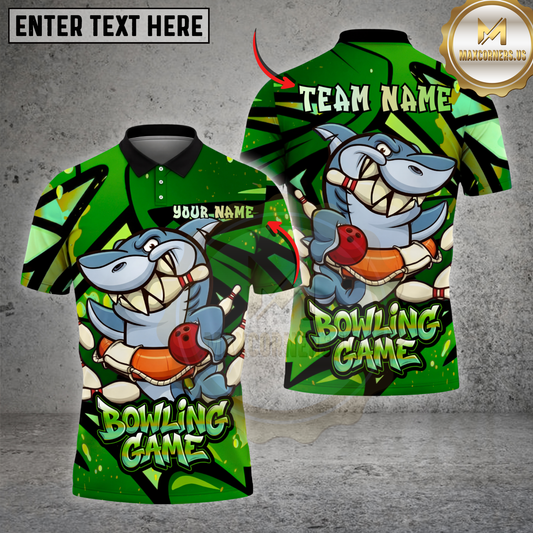 Maxcorners Bowling Shirt Cartoon Shark Strike Fun Game Graphic Multicolor Options Personalized Name, Team Name 3D Shirt (4 Colors)