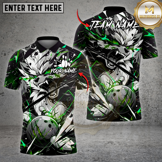 Maxcorners Bowling Shirt Angry Wolf Strike Ball Blue Lightning Graphic Multicolor Options Personalized Name, Team Name 3D Shirt (4 Colors)