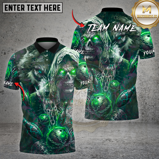 Maxcorners Skull Wolf Bowling Shirt Dark Fantasy Wolf Skull Chain Design Multicolor Options Personalized Name, Team Name 3D Shirt (4 Colors)