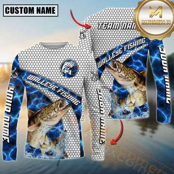 Maxcorners Walleye Fishing Honeycomb Electric Water Splash Personalized Name, Team Name Long Sleeve Shirt
