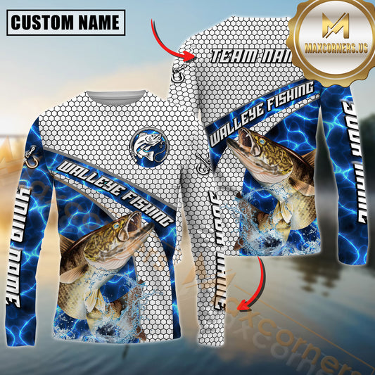 Maxcorners Walleye Fishing Honeycomb Electric Water Splash Personalized Name, Team Name Long Sleeve Shirt