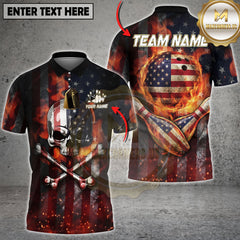 Maxcorners Bowling Shirts Strike American Flag Fire Graphic Multi Options Personalized Name, Team Name 3D Shirt