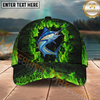 Maxcorners Fishing Green Flame Brick Wall Multi Options Personalized Name 3D Classic Cap (11 Fish Species)