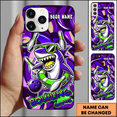 Maxcorners Bowling Phone Case Blue Cool Shark Wearing Sunglasses Bowling Strike Art Personalized Name Phone Case | Purple