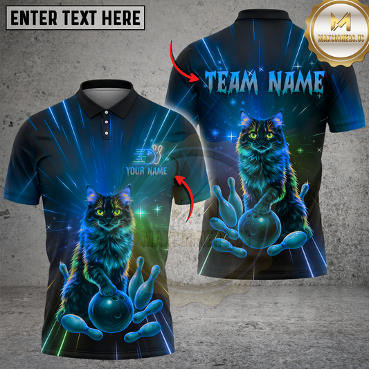 Maxcorners Neon Cat Bowling Shirt Rainbow Glow Strike Design Multicolor Options Personalized Name, Team Name 3D Shirt (4 Colors)